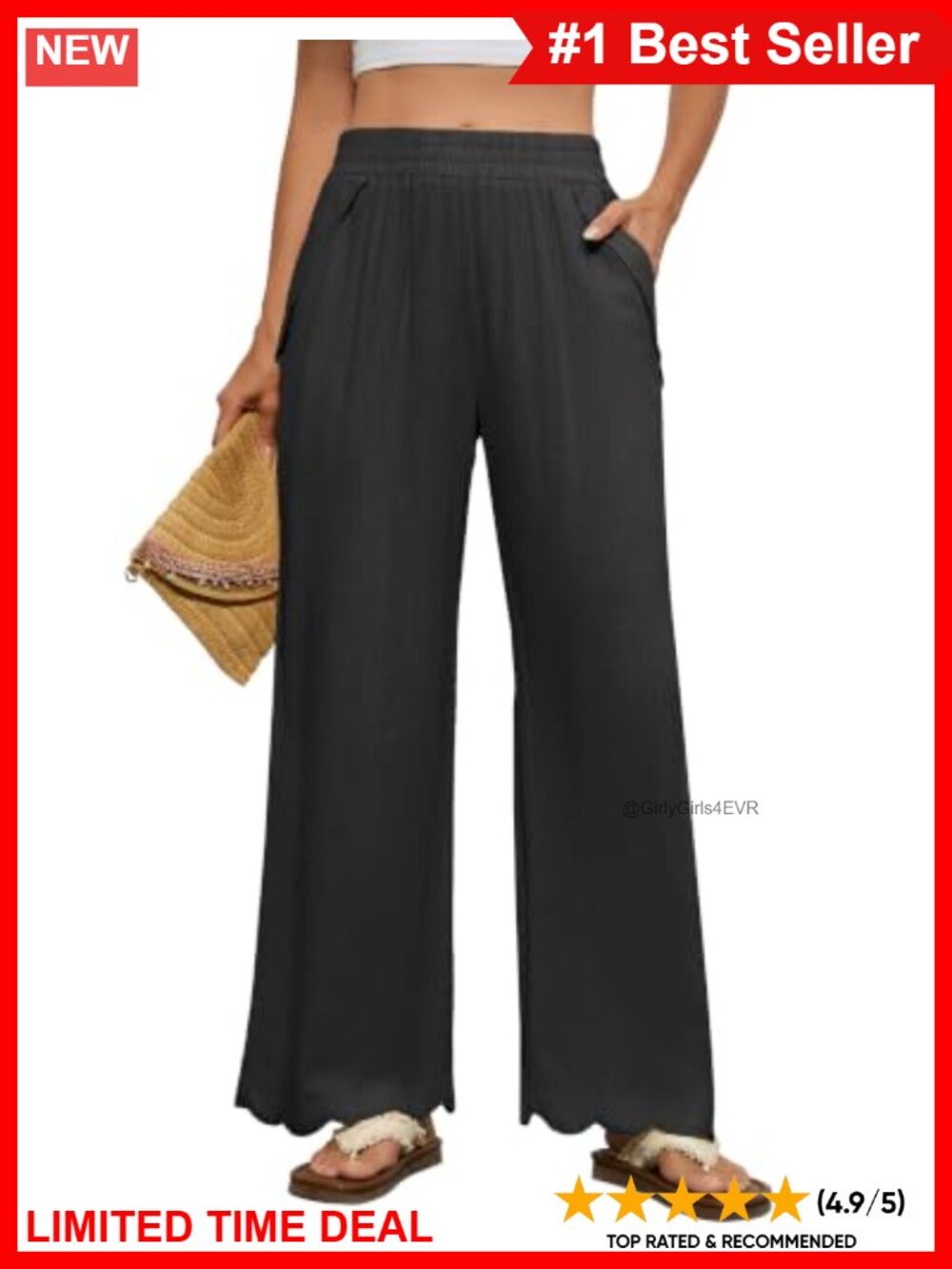 Cotton Linen Wide Leg Palazzo Pants Scalloped Hem Casual Trousers